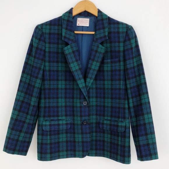 Vintage Blue Plaid Blazer Pendleton 100/% wool blazer with pockets